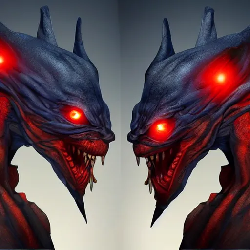 Image similar to front and back character view of scary, giant, mutant, mutated, dark blue humanoid bat, glowing red eyes, flying above a stormy ocean, sharp teeth, acid leaking from mouth, realistic, giant, bat ears, bat nose, bat claws, bat wings, furred, covered in soft fur, detailed, trending on artstation clean concept art and sheet that using unreal engine 5 render and hyper detailed 3D texture with cinematic software light 85mm f/1.4