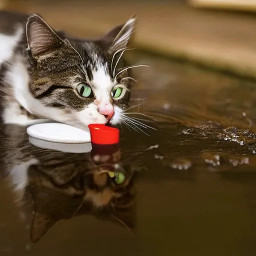 Prompt: photo of a cat drinking water from a puddle