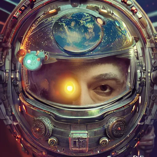 Prompt: an ornate cinematic portrait of an astronaut entering the micro atom realm of the microscopic multiverse with a tiny micro spaceship, cinematic lighting, under a microscope, trending on Artstation, highly detailed, insane details