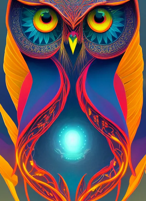 Image similar to symmetry!! product render poster vivid colors divine proportion owl, 神 圣, glowing fog intricate, elegant, highly detailed, digital painting, artstation, concept art, smooth, sharp focus, illustration,