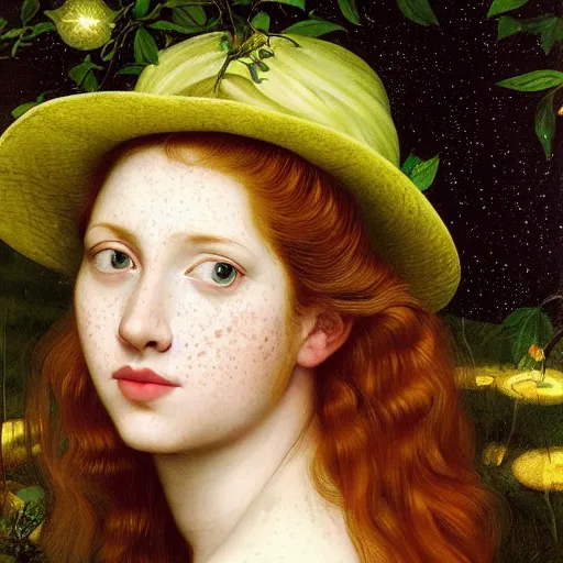 Prompt: portrait of happy a young woman, among the lights of golden fireflies and nature, long loose red hair, intricate details, bright green eyes, freckles on the nose, round gentle face, intricate dress, deep focus, smooth, sharp, golden ratio, hyper realistic digital art by artemisia lomi gentileschi and caravaggio, full body dreamy art