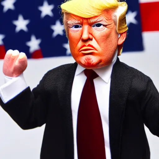 Image similar to Donald Trump realistic finger puppet, wide lens, diorama, 4k,