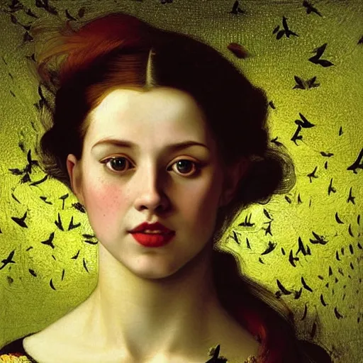 Prompt: portrait of happy a young woman, among the lights of golden fireflies and nature, long loose red hair, intricate details, bright green eyes, freckles on the nose, round gentle face, romantic dress, deep focus, sharp, golden ratio, hyper realistic digital art by artemisia lomi gentileschi and caravaggio