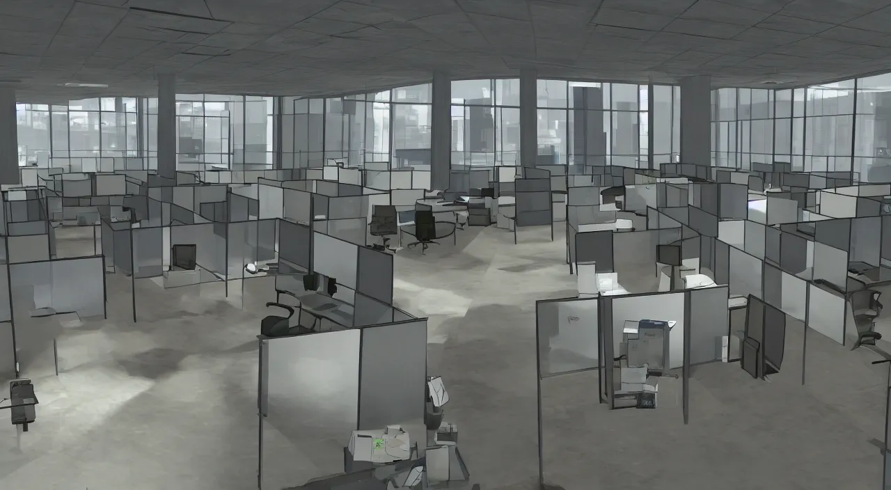 Image similar to An office at 3AM with multiple cubicles and a window that provides a view of the city, Source Engine, Gmod, Half Life 2