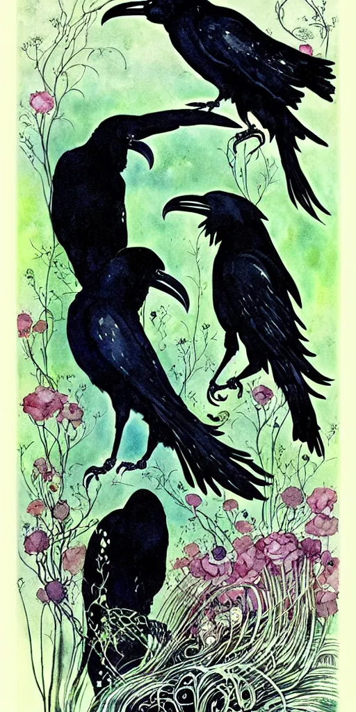 Prompt: floral frame with ravens peeking through art by kay nielsen, illustration style, watercolor