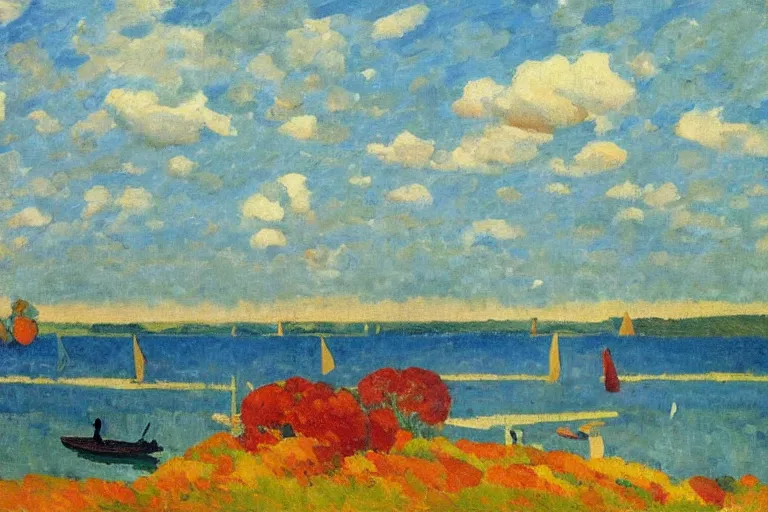 Prompt: A vivid landscape painting of the Chesapeake bay in the fall, bathed in golden light, peaceful, sailboats, birds in the distance, golden ratio, fauvisme, art du XIXe siècle, figurative oil on canvas by André Derain, Albert Marquet, Auguste Herbin, Louis Valtat, Musée d'Orsay catalogue