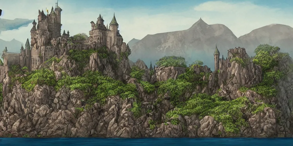 Image similar to matte painting a stunning landscape of a castle on a lost island on a sunny day by brian k. vaughan