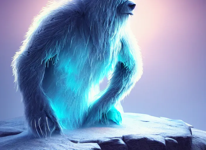 Prompt: bioluminescent furry yeti on a angelic biome, fantasy, hyper realism, wet reflections, intricate, digital art, detailed, studio shot, unreal engine 5, octane, high definition, smooth, artstation, behance