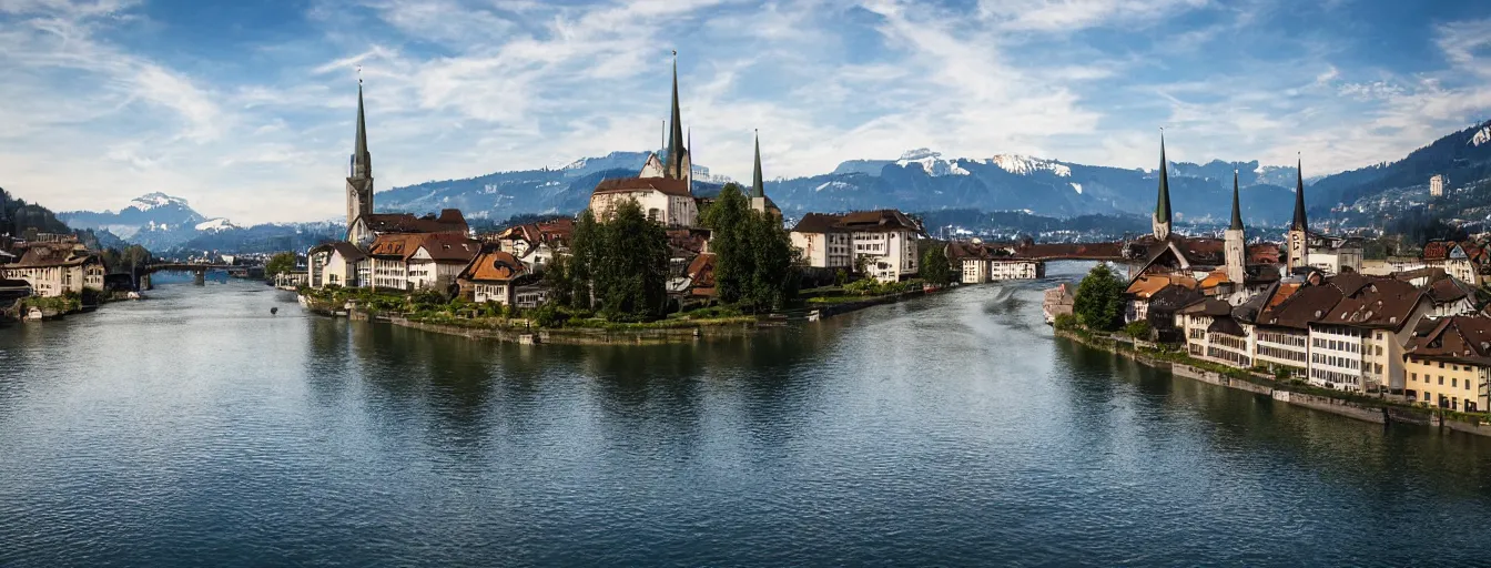 Image similar to Photo of Zurich, looking down the Limmat at the lake and the alps, Hardturm, Grossmünster, Lindenhof, Üetliberg, wide angle, volumetric light, hyperdetailed, light blue water, artstation, cgsociety, 8k