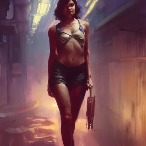 Image similar to maia mitchell, hyperrealistic full figure, bladerunner street alley, art of elysium by frank frazetta and by jeremy mann and by alphonse mucha, fantasy art, photo realistic, dynamic lighting, artstation, full figure poster, volumetric lighting, very detailed face, 4 k, award winning