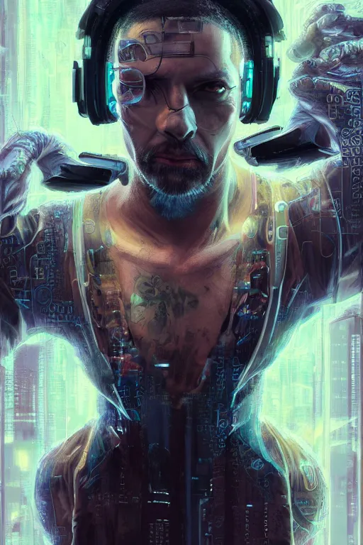 Image similar to a full body illustration of an male cyberpunk character wearing bionic implants, criminal mugshot, bald, bearded, highly detailed, oil on canvas, soft lighting, neon pastel colors, by WLOP and Greg Staples, HD, 4K