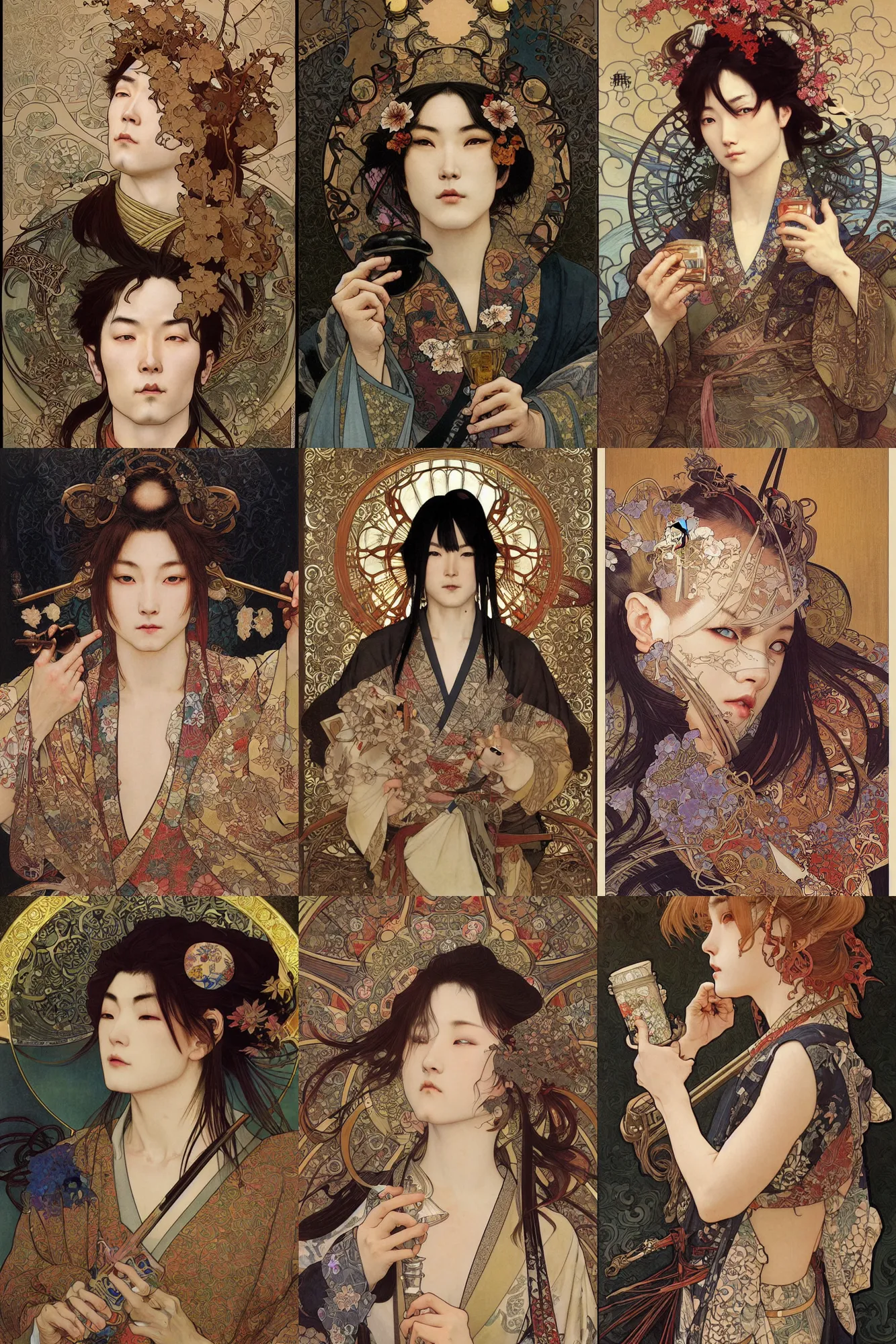 Prompt: realistic detailed painting of japan man samurai drinking sake, painted by Alphonse Mucha, Ayami Kojima, Amano, Charlie Bowater, Karol Bak, Greg Hildebrandt, Jean Delville, and Mark Brooks, Art Nouveau, Neo-Gothic, intricate complexity, gothic, rich deep colors