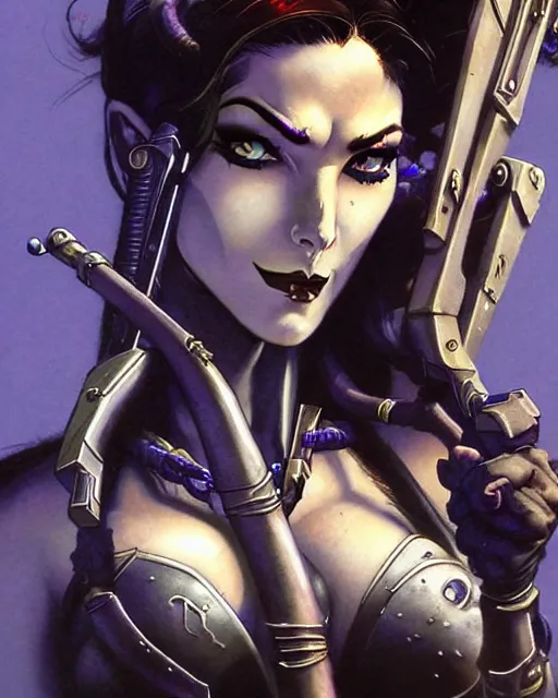 Image similar to widowmaker from overwatch, heavey metal magazine cover, character portrait, portrait, close up, concept art, intricate details, highly detailed, in the style of frank frazetta, esteban maroto, richard corben, pepe moreno, matt howarth, stefano tamburini, tanino liberatore, luis royo and alex ebel