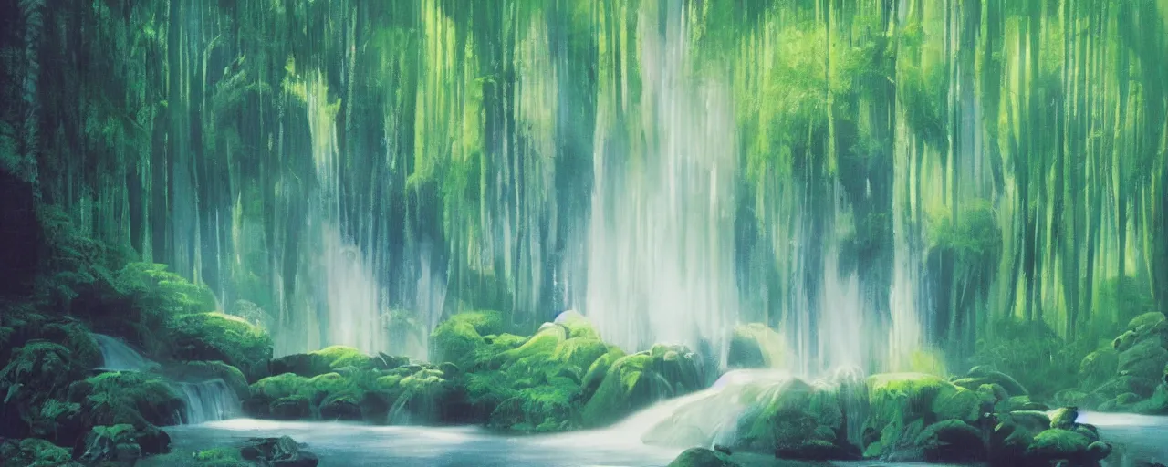 Image similar to deep forest, rainbow river waterfall, light shimmering, water mists, subtle color variantions, summer rain, gentle mists, a white robed benevolent magician clothed in a royal garment in contemplation and meditation casts a benevolent white magic spell, by Eyvind Earle and Mary Blair