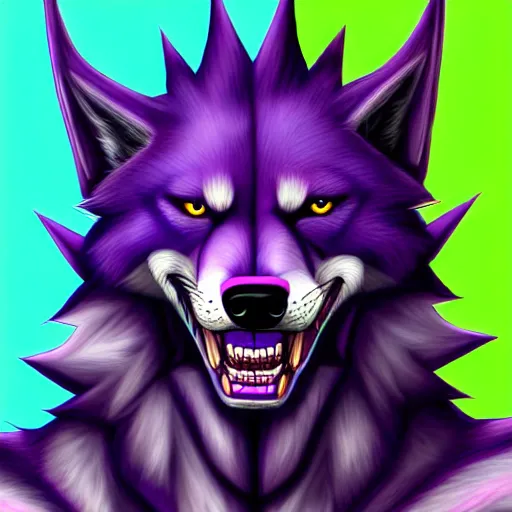 Prompt: digital painting of an anthropomorphic muscular purple wolf, furry style, wearing jeans, deviant art, fursona, professional furry drawing, insanely detailed, hyper detailed wolf - like face, doing a pose from jojo's bizarre adventure, detailed veiny muscles, exaggerated features, beautiful shading, huge spikey teeth, grinning, colorful background