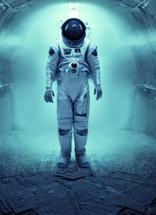 Prompt: symmetry concept art by craig mullins astronaut in futuristic dark and empty spaceship underwater. infrared glowing lights. complex and hyperdetailed technical suit. reflection and dispersion materials. rays and dispersion of light. volumetric light. 5 0 mm, f / 3 2. noise film photo. flash photography. unreal engine 4, octane render. interstellar movie art