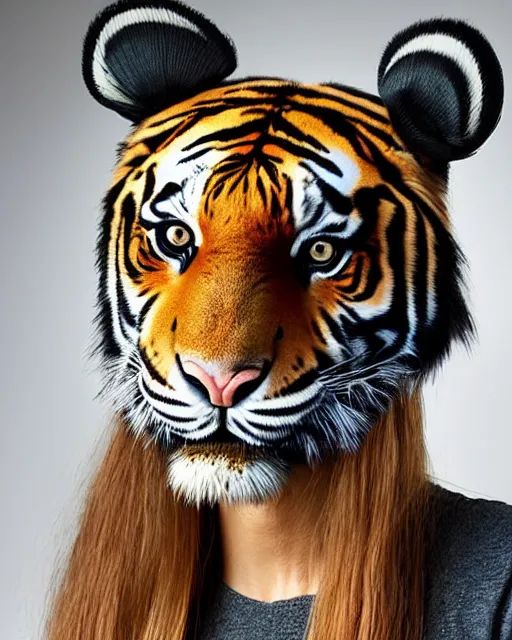Image similar to a beautiful girl, wearing a tiger head hat, hyper realistic, hyper detailed, in the design of eliot kohek