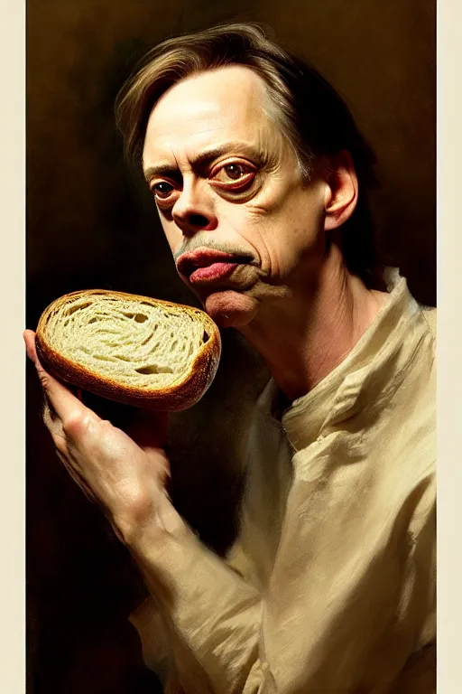 Prompt: beautiful portrait half steve buscemi wearing a loaf of sourdough bread, art by anders zorn, wonderful masterpiece by greg rutkowski, beautiful cinematic light, american romanticism thomas lawrence, greg rutkowski