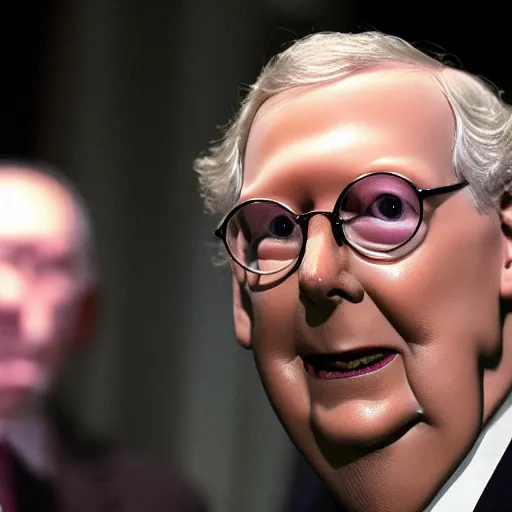 Image similar to the melting slimy face of villain mitch mcconnell flesh monster. horror film photograph.