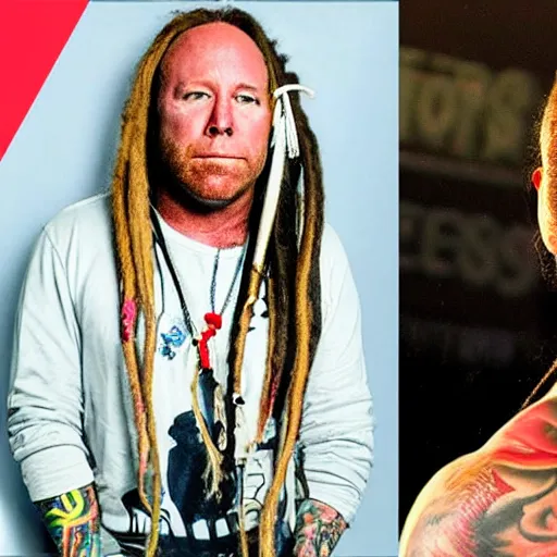 Image similar to Alex Jones appears as Tekasho 6ix9ine with dreadlocks and tattoos, high quality, photo