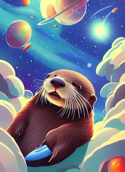 Image similar to a beautiful portrait of a cute otter swimming in outer space galaxy, detailed trending on artstation!, ( art by rhads ), ( art by miyazaki )