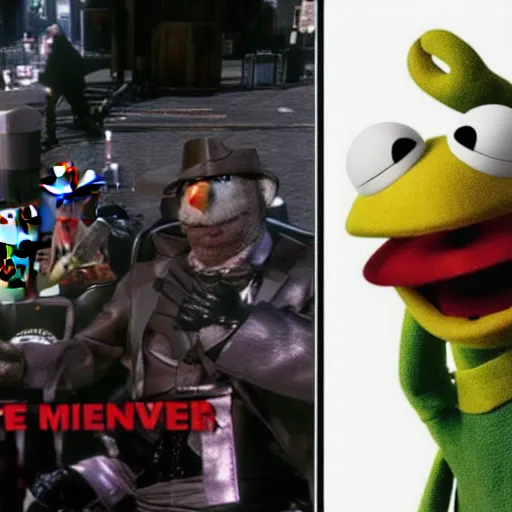 Prompt: a still of from the movie the muppet movie crossover with the game deus ex : mankind divided