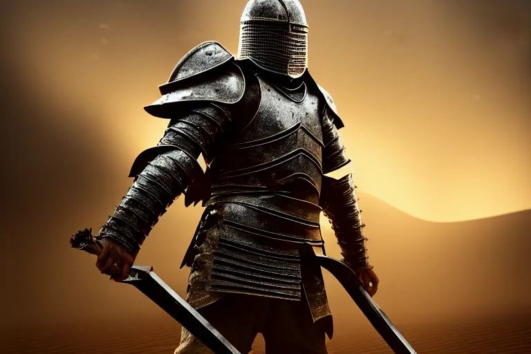 Image similar to A Knight fighting in the desert, Charismatic Character, dust and blood in the air, Gold and Silver Armour Suit, black iron sword, close to defeat, Dramatic Scene, Heroic Battle Scene, dark, intricate, cinematic lighting, highly detailed, digital art, trending on Artstation, 8k, photorealistic, dramatic, volumetric lighting, hyper realistic