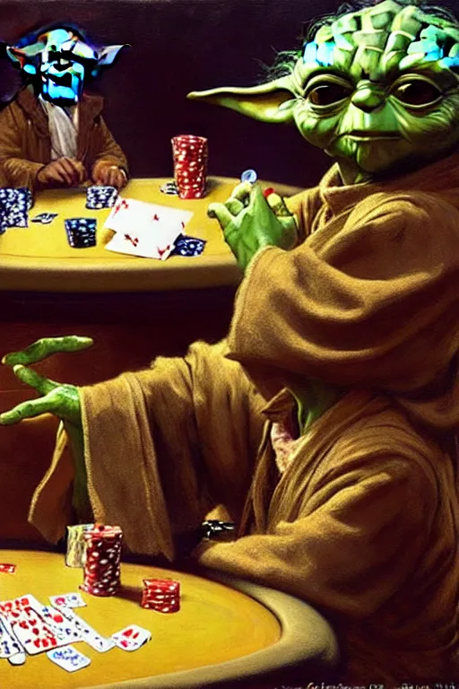 Prompt: yoda paying poker, with aviator sunglasses on his face, painting by gaston bussiere, craig mullins