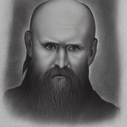 Prompt: charcoal portrait of an early 20th century russian orthodox priest, bald, bierdless, no eyebrows