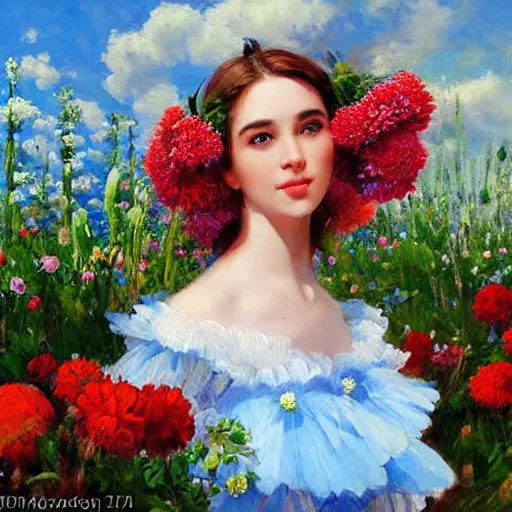 Image similar to a portrait of a romantic woman with flowers grow out of hair, roses peonies forget-me-nots dahlias lupins gladioli, sky theme in background, by Alexandr Averin, Digital Art, Trending on artstation