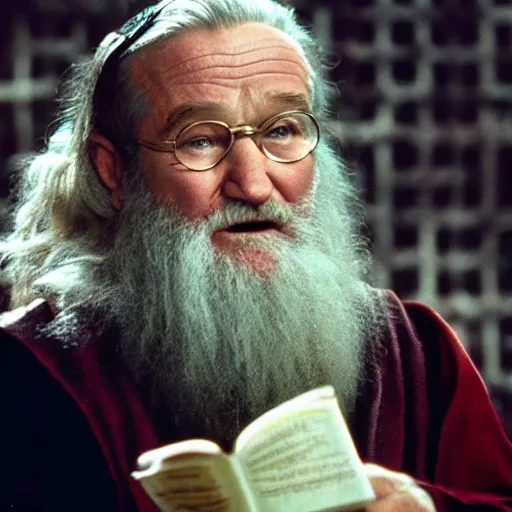 Image similar to Robin Williams playing Dumbledore in Harry Potter, screenshot