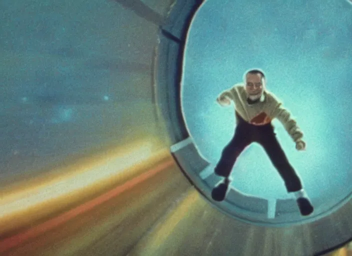 Prompt: film still of young old Cheech Marin flying through wormhole as Dr. Dave Bowman in 2001 A Space Odyssey