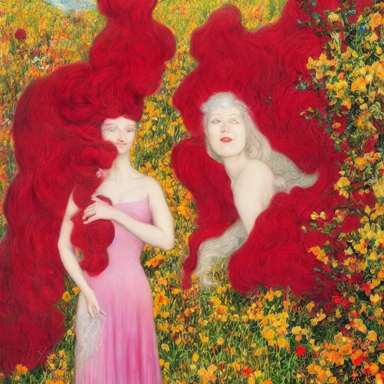 Image similar to Standing woman in a Red dress, with white hair on a golden background, with pink flowers photorealism Edward Robert Hughes,Stanisław Szukalski and Roger Dean