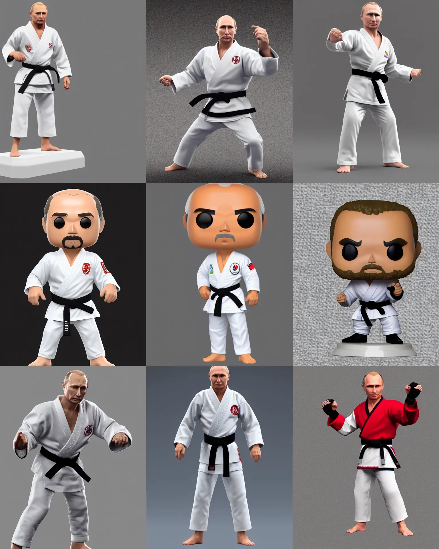 Prompt: full body 3 d render of vladimir putin, white karate outfit, as a funko pop!, studio lighting, grey background, single body, no shadow, blender, trending on artstation, 8 k, highly detailed