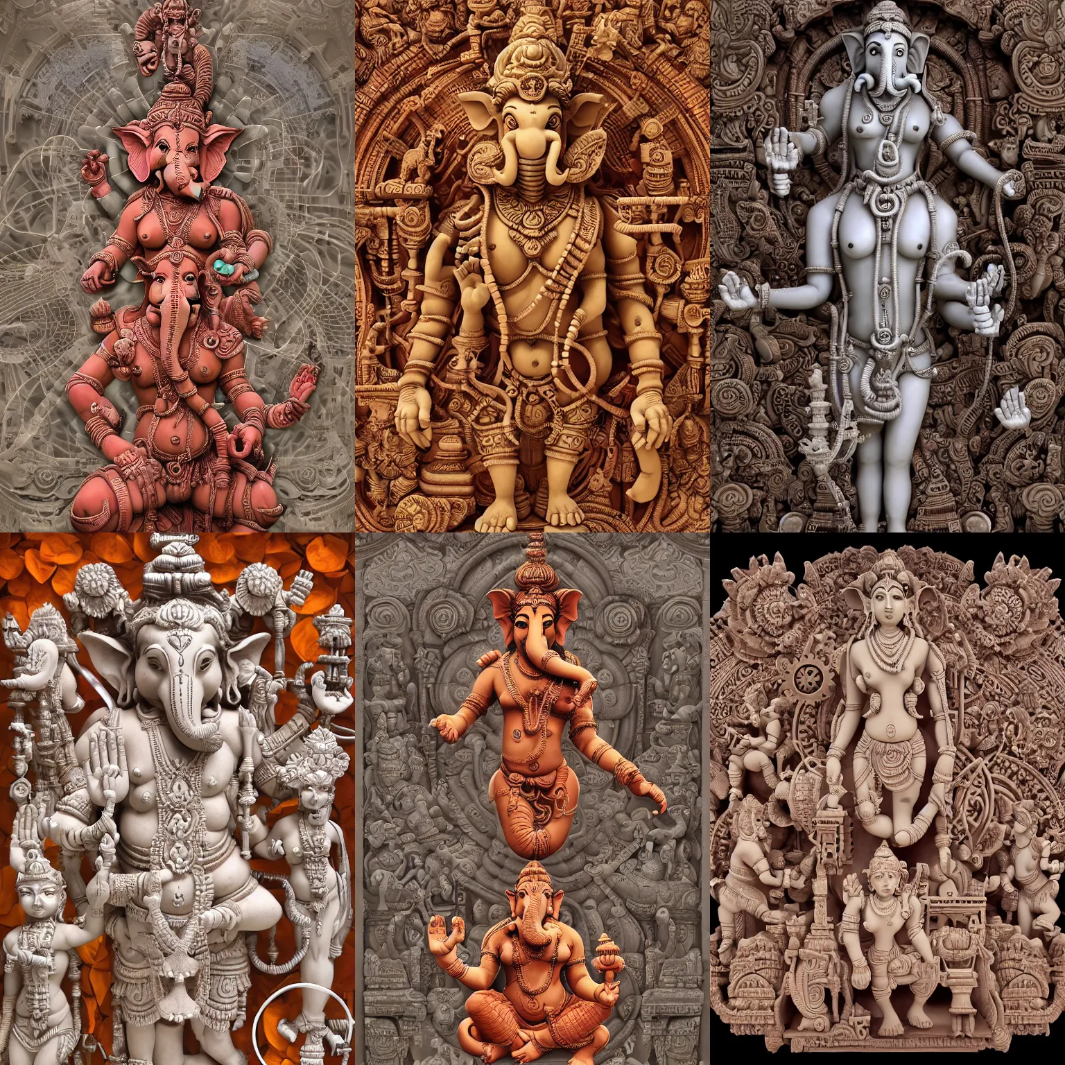Prompt: epic Khajuraho, Ganesha, Shiva, translucent, SSS, transparent, xray, vaporwave, red, flat shaped chrome relief, fossil, mechanic bionic fungus flower cyberpunk cats skeleton mechabot, maze, wires, joints, buttons, gears, dissection relief, by Lorenzo Ghiberti, by Goga Tandashvili, artstation, cgsociety, at Khajuraho, by jonathan ivy, by artgerm, by david lachapelle, shiny, octane, Hdri