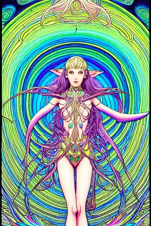 Image similar to illustration of a female elf goddess, prismatic healing waves emanate all around in a healing spring, rainbows, intricate linework, in the style of moebius, ayami kojima, 1 9 9 0's anime, retro fantasy