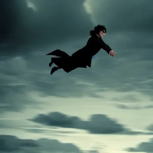 Image similar to Harry potter upright and levitating, back view, thunderclouds, cinematic shot, intricate detail and quality, movie still, nighttime, crescent moon, minor motion blur, action shot, photorealistic, intense scene, visually coherent, symmetry, rule of thirds, movement, vivid colors, award winning, directed by Steven Spielberg, Christopher Nolan, Tooth Wu, Asher Duran, Greg Rutkowski