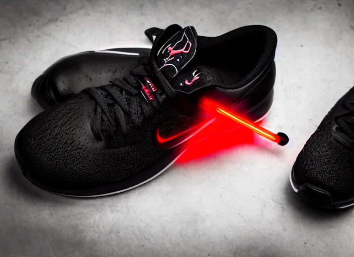 Prompt: product still of Darth Vader signature Nikes, metallic black with white stripes and a glowing red swoosh, 85mm f1.8