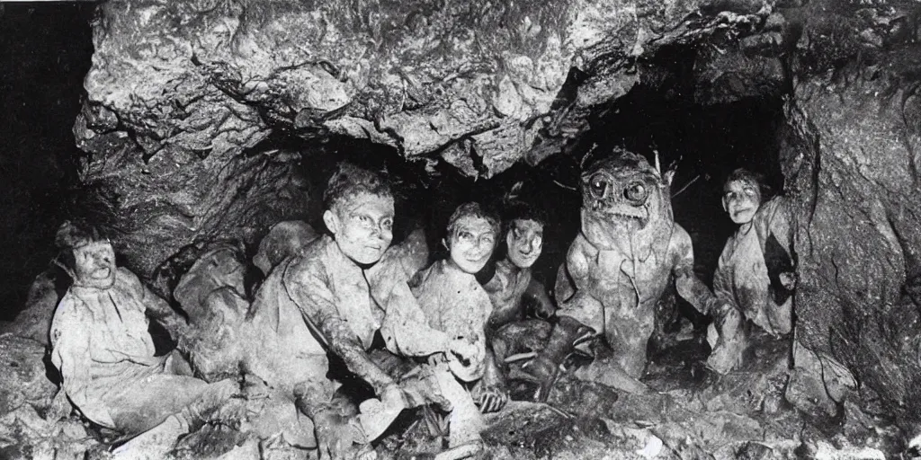 Prompt: explorers discover horrifying monster in cave, 1 9 0 0 s photograph