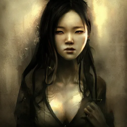 Image similar to Lee Jin-Eun by Bastien Lecouffe-Deharme, rule of thirds, seductive look, beautiful,