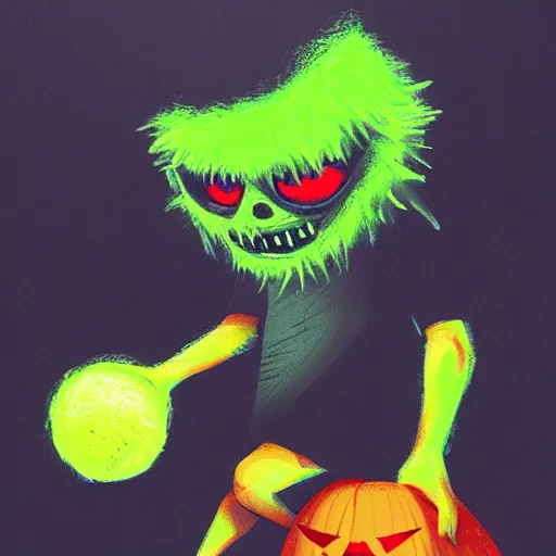 Image similar to a tennis ball monster, tennis ball, dark, chalky, Halloween, digital art, fantasy, magic, trending on artstation, ultra detailed, professional illustration by Basil Gogos