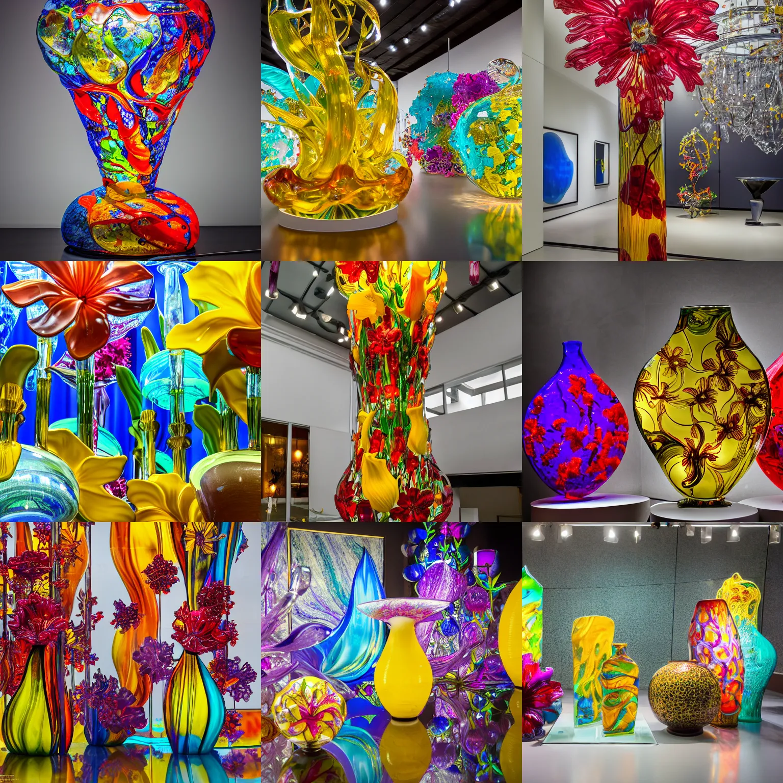 Prompt: abstract large scale glass sculpture made of intricate murano glass vases, ceramics featuring colorful hibiscus, daffodils, glass chandelier by amber cowan, museum piece, top lit, 4 k, trending in behance, wide angle shot, bokeh