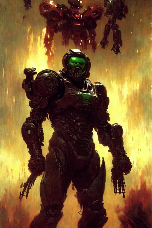 Image similar to willem dafoe as the doom marine, painting by gaston bussiere, craig mullins, greg rutkowski, yoji shinkawa