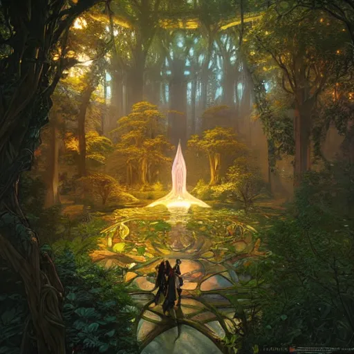 Image similar to incredible game level design, isometric view, lothlorien, trees, lights, fantasy, 8k, art by artgerm and greg rutkowski and alphonse mucha