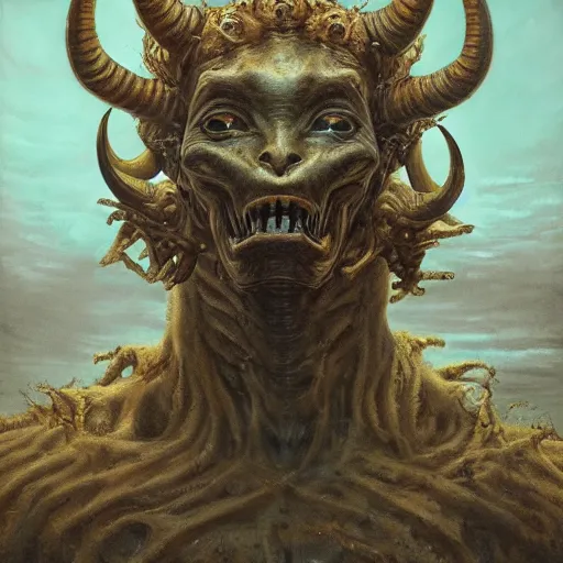 Image similar to a masterpiece! full body photographic portrait of an alien beast!! with seven heads!! and ten horns!! on a city street by gustave dore and sam spratt and allen williams, trending on artstation, cgsociety, 8 k hd, earthtone colors,