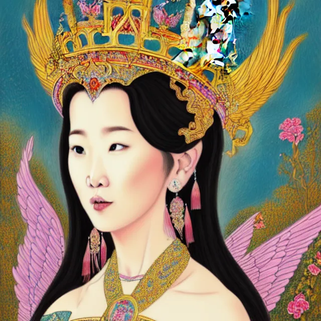 Prompt: portrait of a beautiful asian mongolian princess goddess spreading its wings, portrait of princess wearing a beautiful ornate crown, in the background lake baikal is seen, in the art style of bagshaw tom, by bagshaw tom