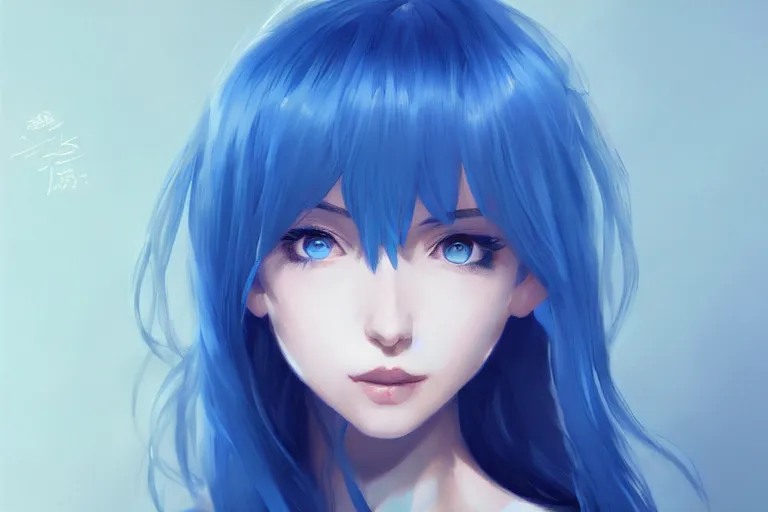 Image similar to Beautiful girl, blue hair, symmetrically, smiling, pixiv, trends artstation, artist WLOP artstation, artist Mam BA artstation