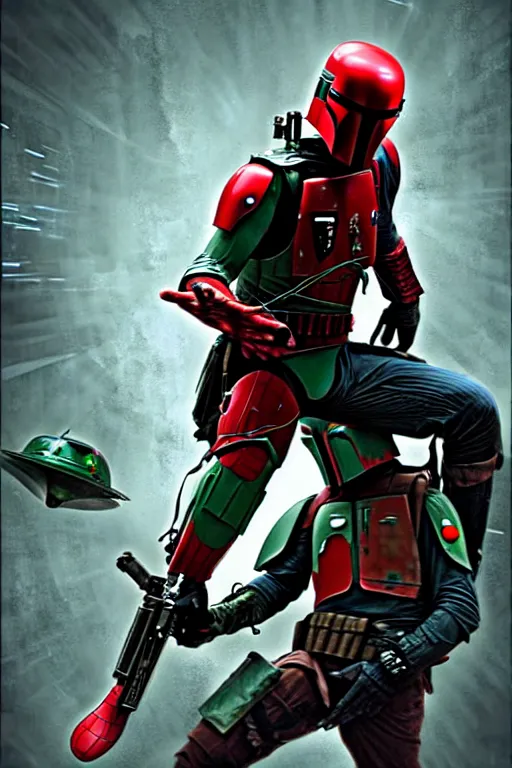 Image similar to boba fett spiderman character mashup, digital art, movie still from the matrix, insane detail