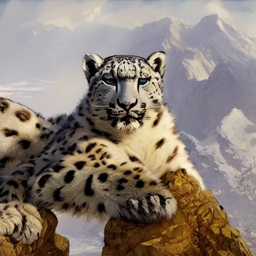 Image similar to Concept art, A shiny snow leopard sitting by snow mountains, 8k, alphonse mucha, james gurney, greg rutkowski, john howe, artstation