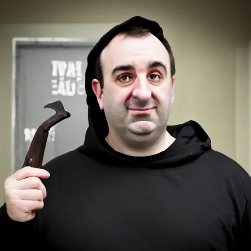 Image similar to Mike Stoklasa from Red Letter Media as a black hooded executioner